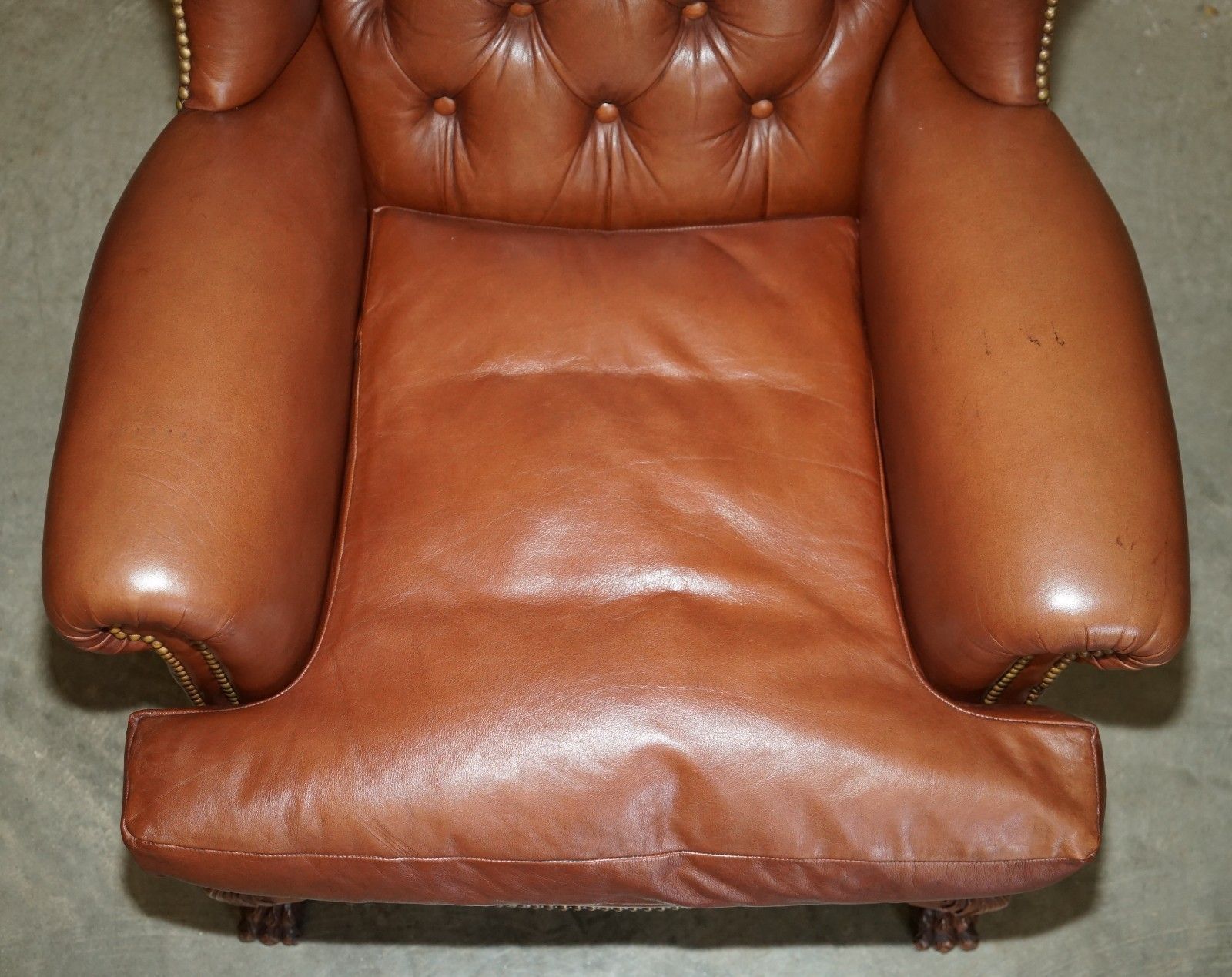 Stunning Pair Of Lion's Hairy Paw Feet Chesterfield Tufted Wingback Armchairs photo vinterior