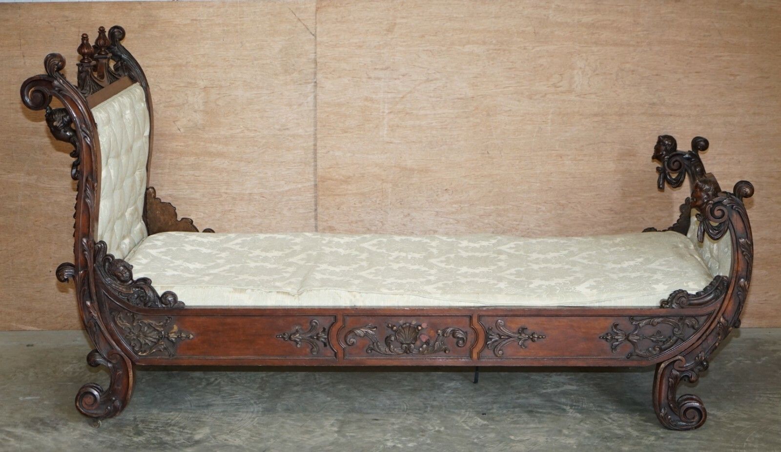 photo for sale Exceptional 19th Century Hand Carved Italian Walnut Day Bed Cherub Putti's Angel