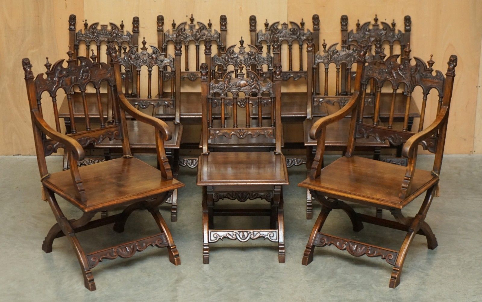 Antique Louis XIII Revival 10 Person Walnut & Marble Dining Table & Chair Suite photo for sale
