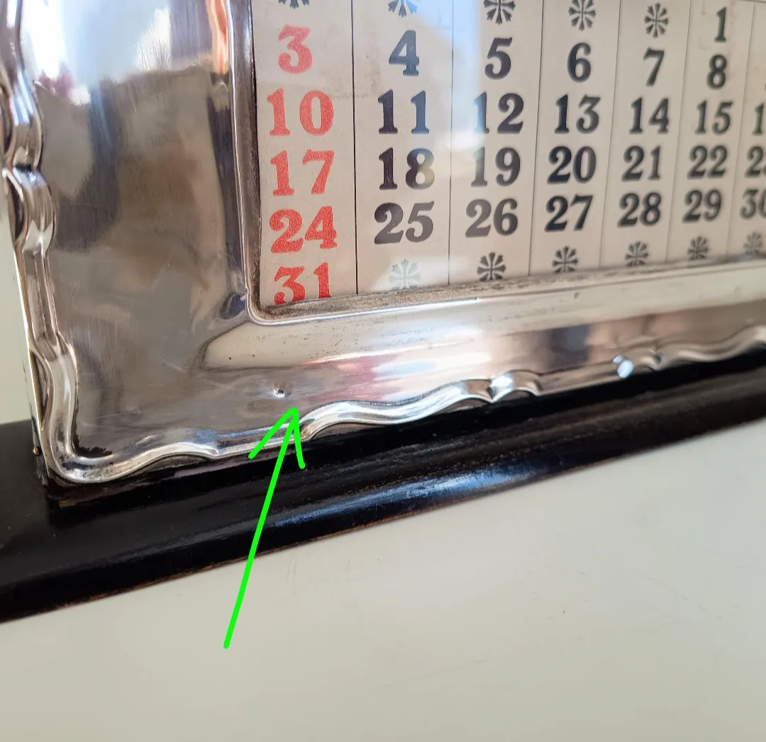English Art Deco Sterling Silver Front Desk Calendar: Ebonised Wood, Hallmark 1929 photo for sale