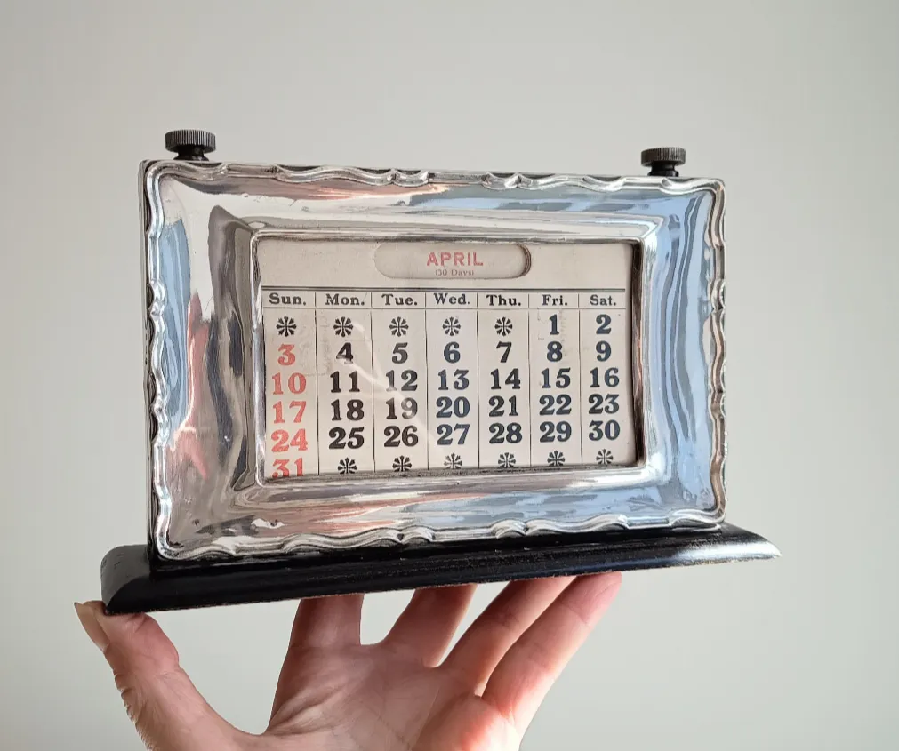 English Art Deco Sterling Silver Front Desk Calendar: Ebonised Wood, Hallmark 1929 photo buy