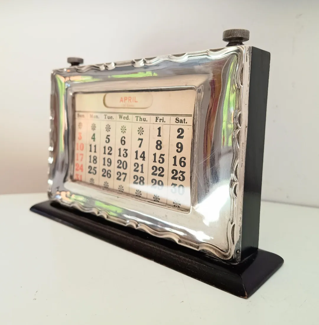 photo furniture English Art Deco Sterling Silver Front Desk Calendar: Ebonised Wood, Hallmark 1929