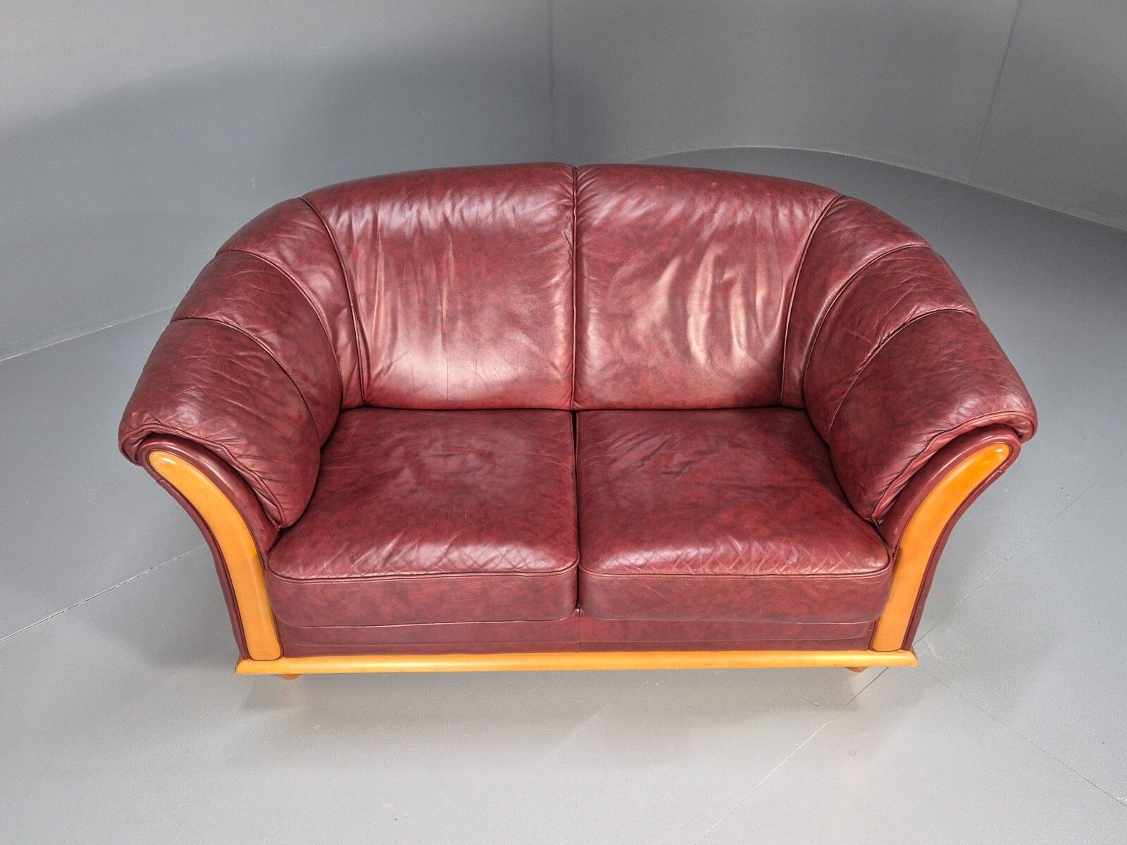 Vintage Danish 2 Seat Sofa Red Leather Wood Trim 1990s Retro Eb8567 M2ss photo Furniture