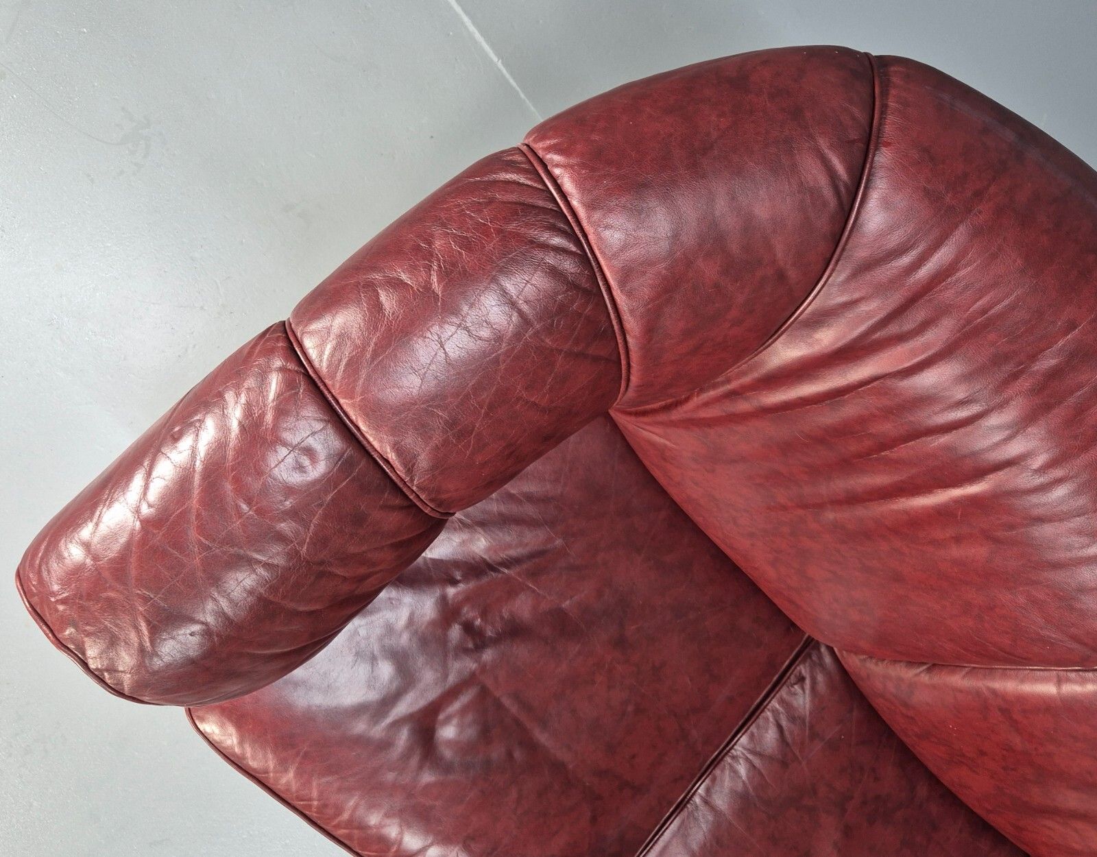 photo buy Vintage Danish 2 Seat Sofa Red Leather Wood Trim 1990s Retro Eb8567 M2ss