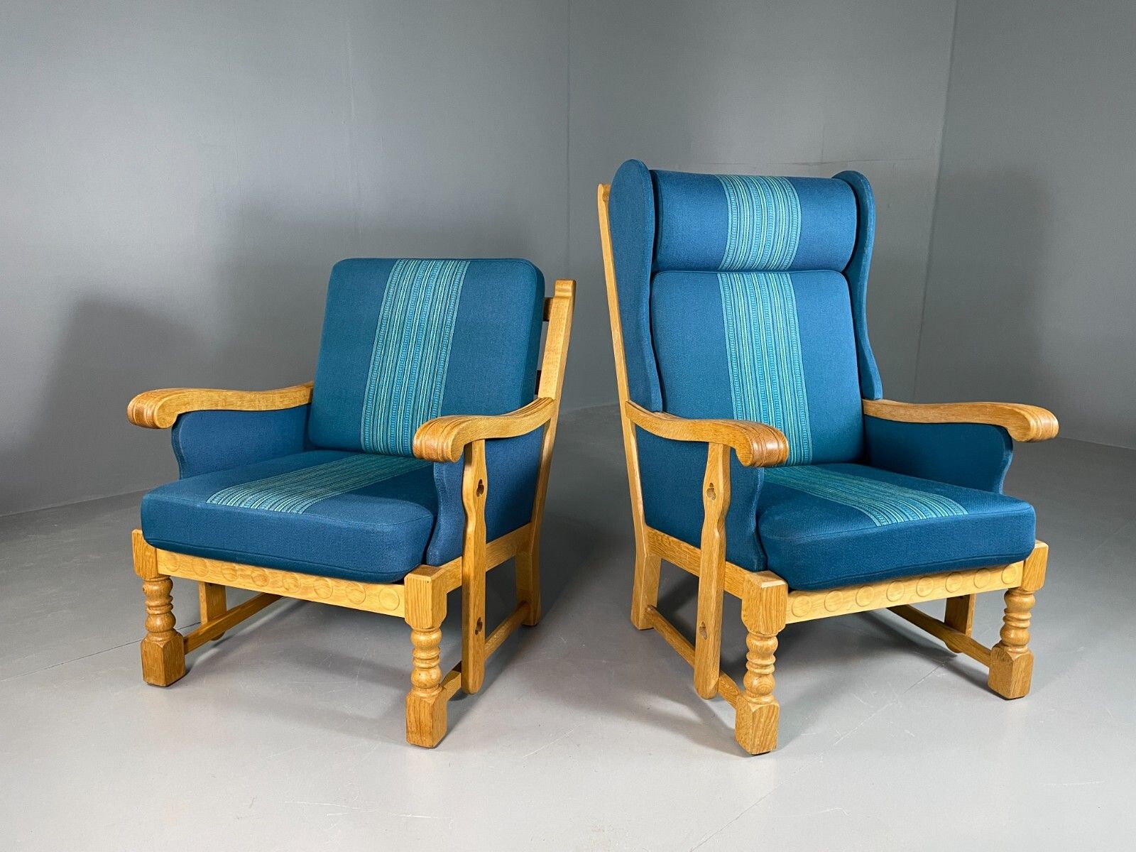 2 Danish Lounge Chairs Blue Oak Kjaernulf Vintage Retro Eb6718 Mnor