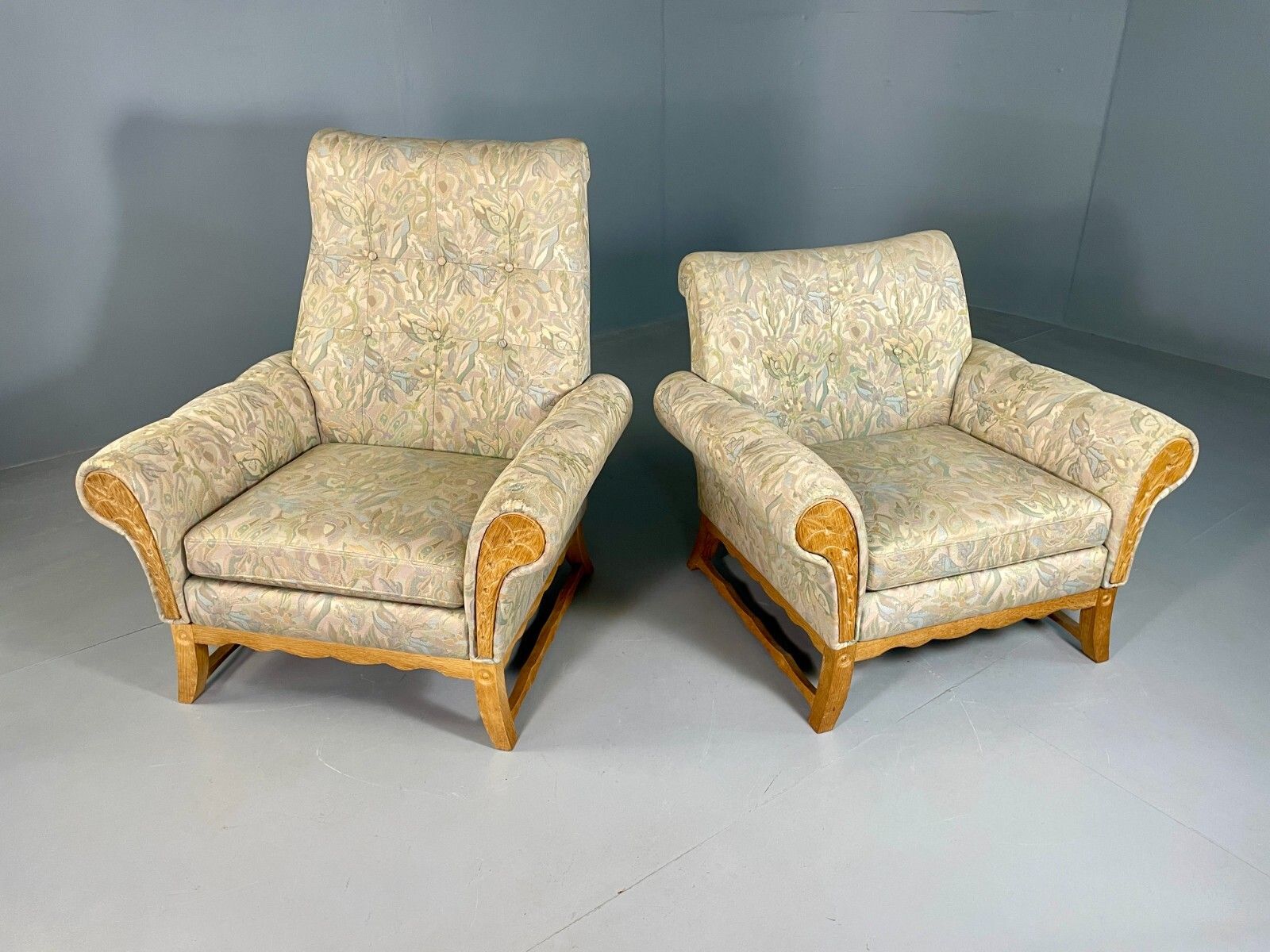 2 Danish Lounge Chairs Kjaernulf Oak Floral Cotton Vintage Retro Eb6749 Mnor photo furniture