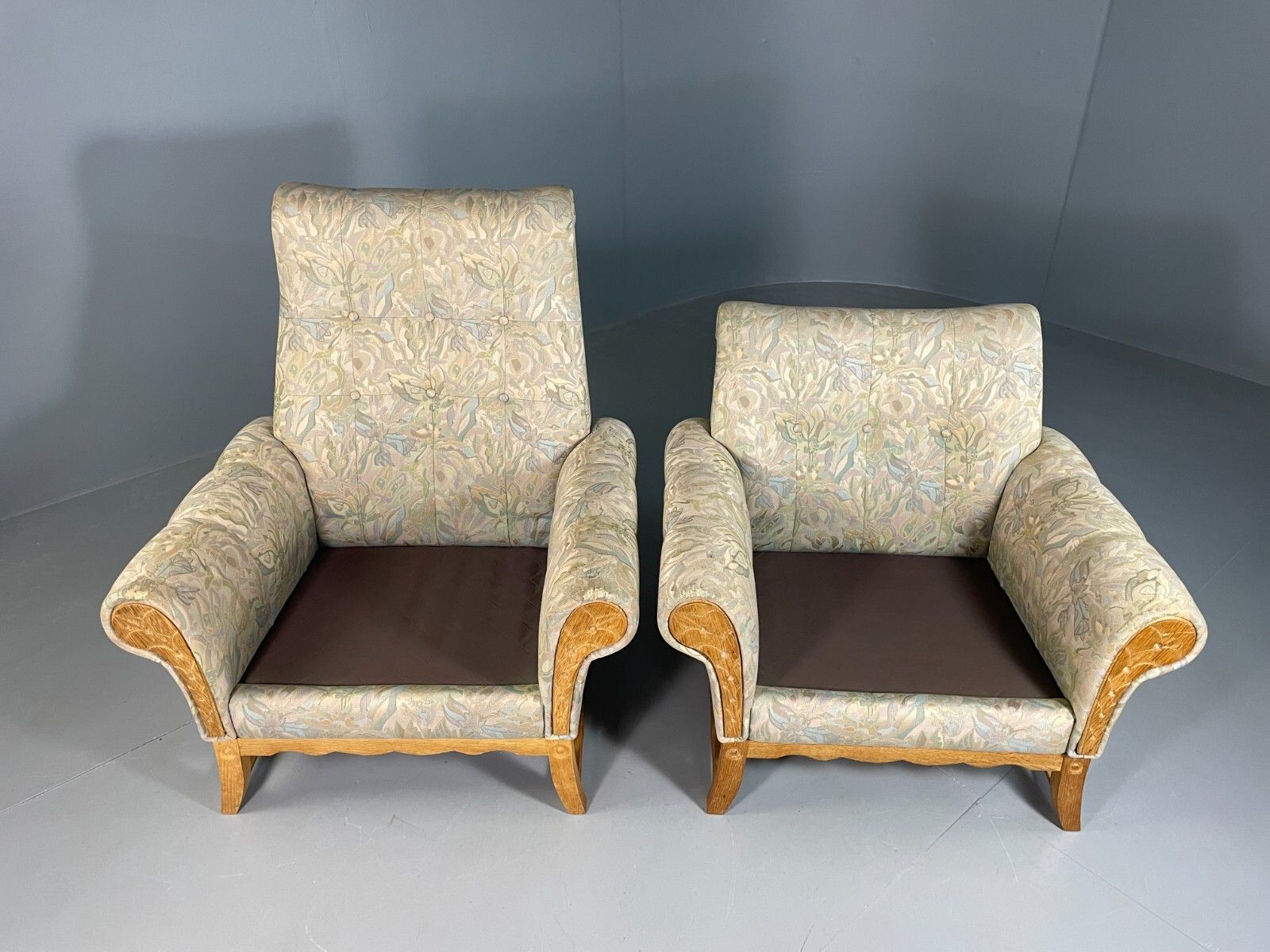2 Danish Lounge Chairs Kjaernulf Oak Floral Cotton Vintage Retro Eb6749 Mnor photo buy