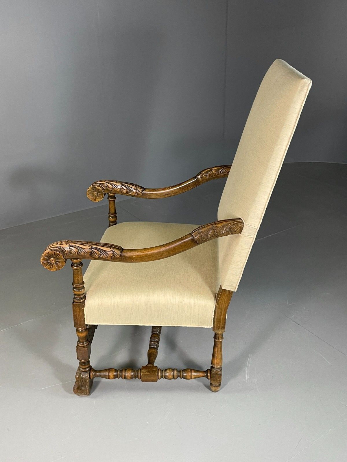 110.0 Vintage Danish Lounge Chair Cream Cotton Oak Frame Antique Style Eb6917 Vnor photo