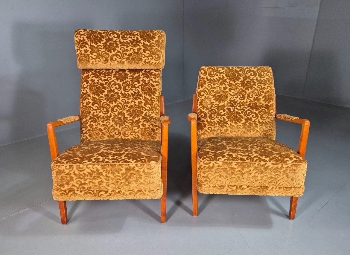 2 Swedish Lounge Chairs Gold Floral Moquette Beech Vintage 1960s Mcm Eb7031 Mnor photo furniture