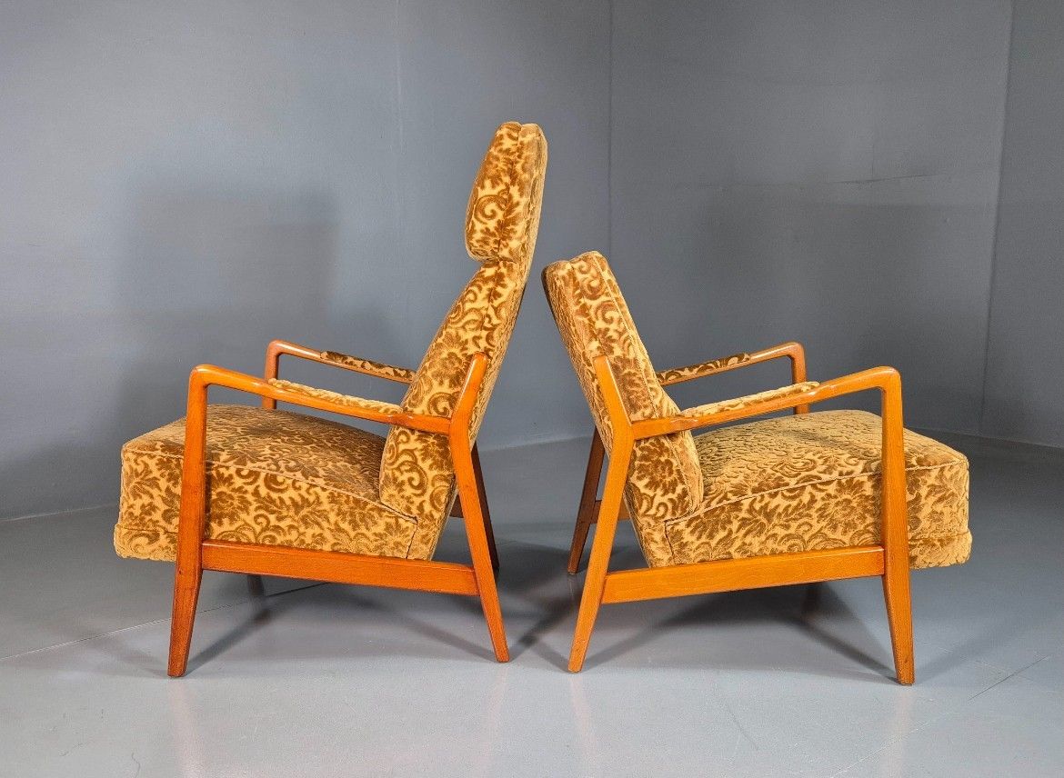2 Swedish Lounge Chairs Gold Floral Moquette Beech Vintage 1960s Mcm Eb7031 Mnor photo vinterior