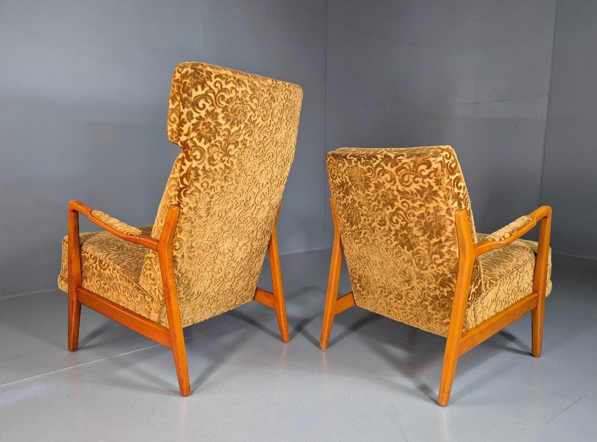 2 Swedish Lounge Chairs Gold Floral Moquette Beech Vintage 1960s Mcm Eb7031 Mnor photo vintage