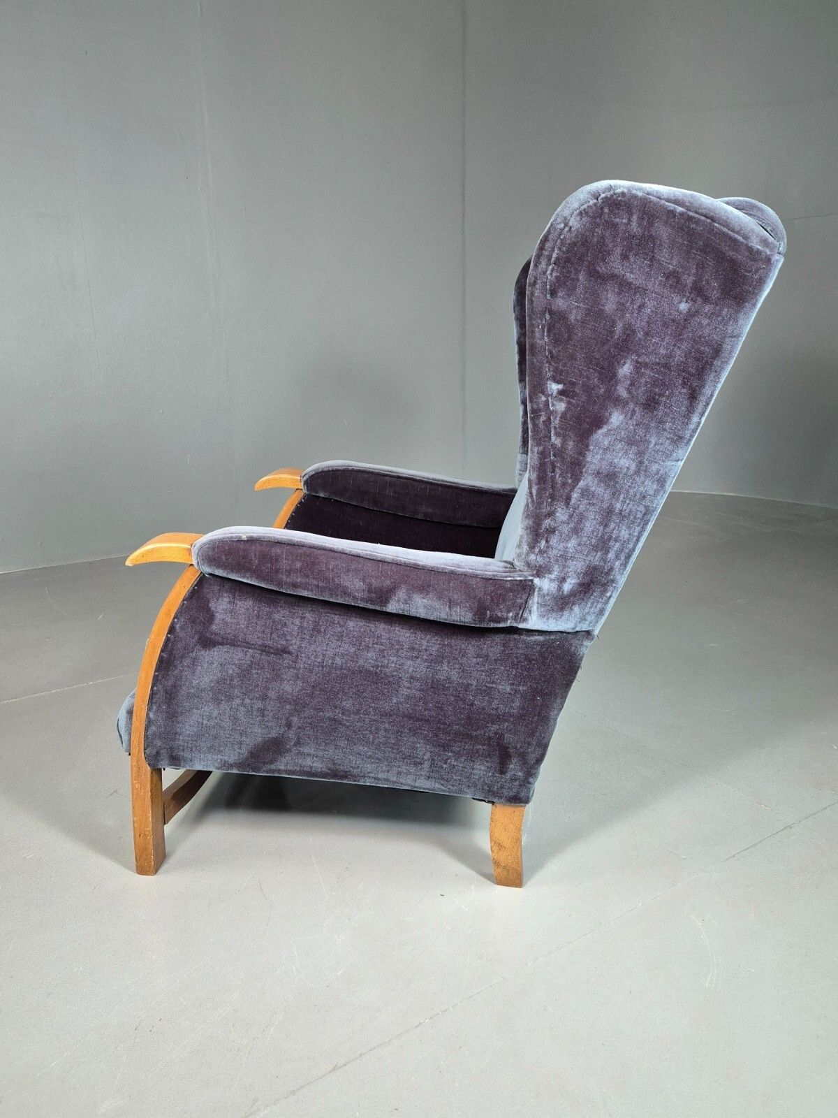 Vintage Lounge Wingback Chair Blue Velour Beech Frame 1950 Retro Mcm Eb7108 Vclo photo vintage