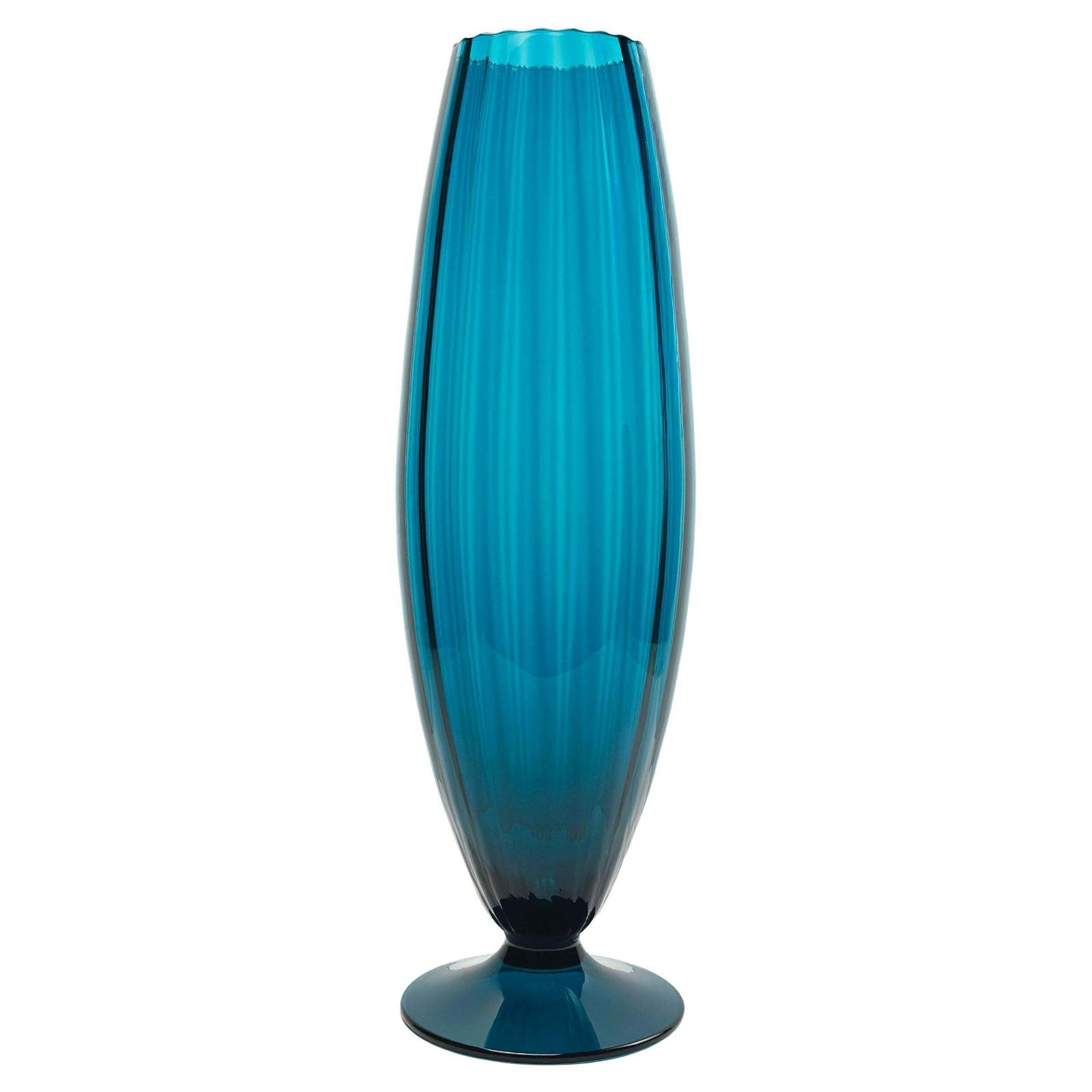 Empoli Mid Century Optic Glass Vase, Teal, Pedestal Base,  Rossini, Italy, 1960s