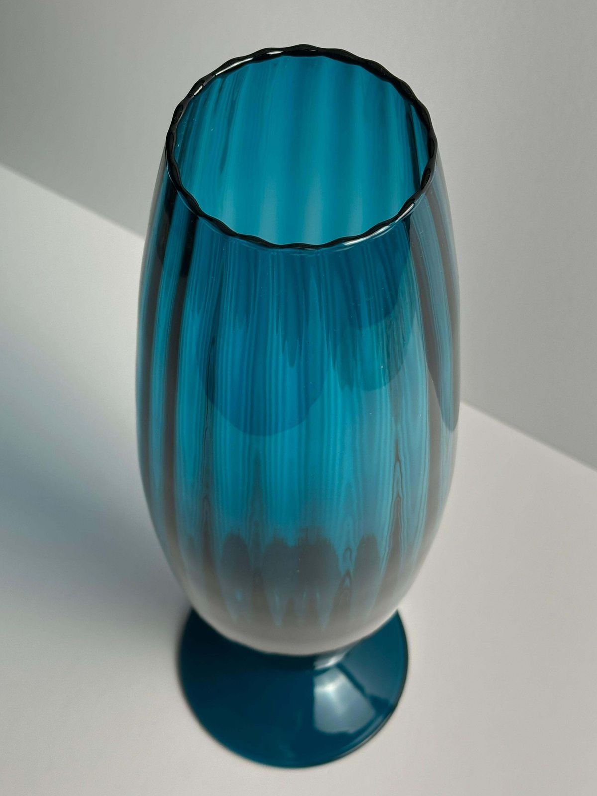 photo furniture Empoli Mid Century Optic Glass Vase, Teal, Pedestal Base,  Rossini, Italy, 1960s