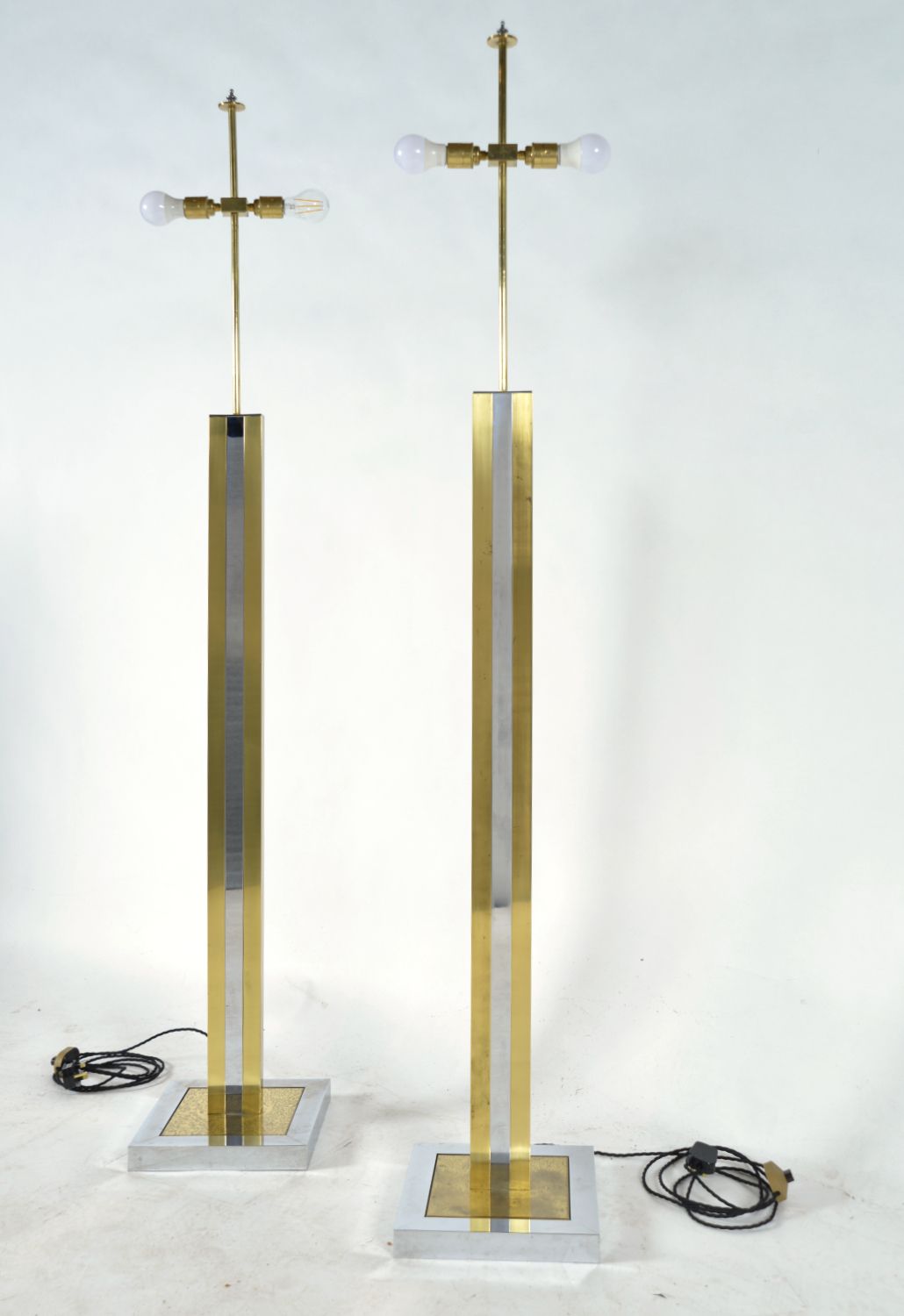 1970s Large Pair Italian Chrome Brass Bamboo Standard Floor Lamps Hollywood Regency photo Lighting