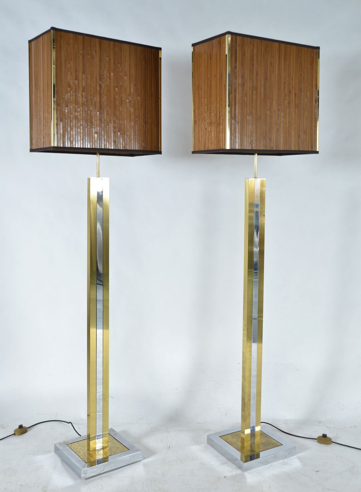 1970s Large Pair Italian Chrome Brass Bamboo Standard Floor Lamps Hollywood Regency