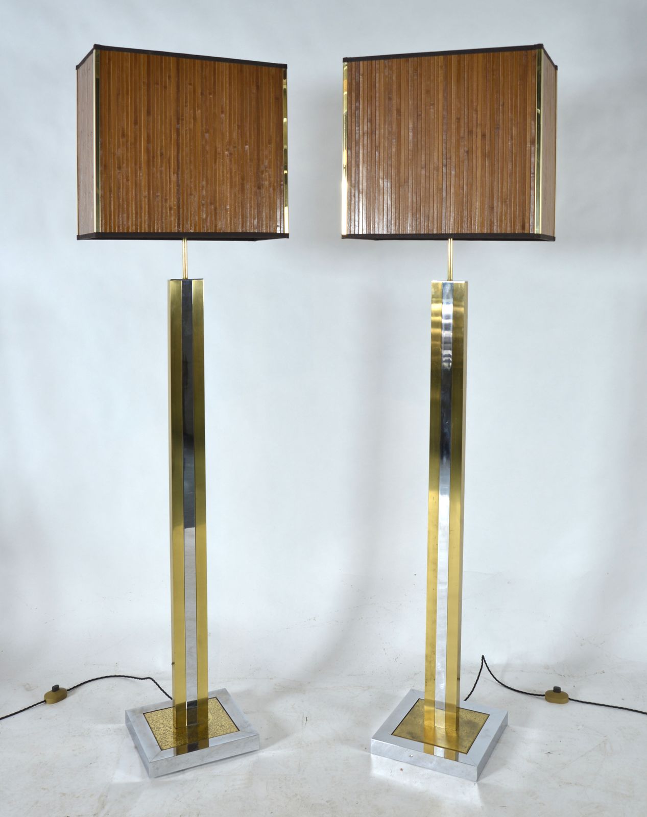 1970s Large Pair Italian Chrome Brass Bamboo Standard Floor Lamps Hollywood Regency photo vinterior