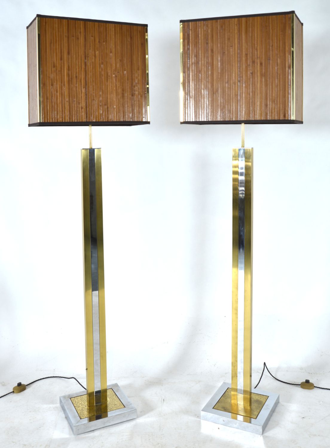 1970s Large Pair Italian Chrome Brass Bamboo Standard Floor Lamps Hollywood Regency photo vintage