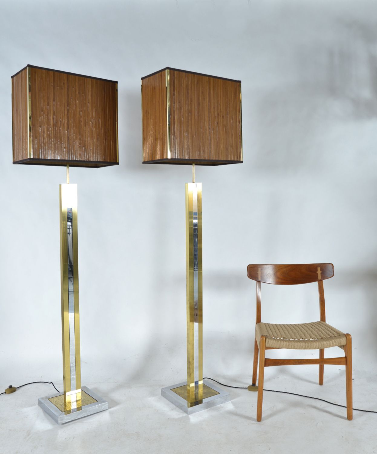 Lighting 1970s Large Pair Italian Chrome Brass Bamboo Standard Floor Lamps Hollywood Regency photo
