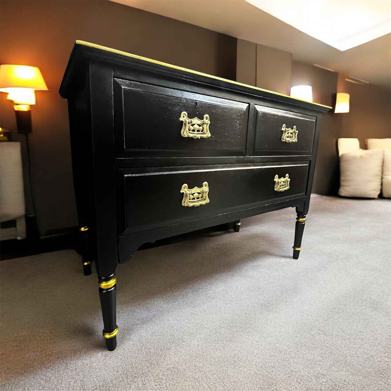 photo furniture Black & Gold, Geometric Stencilled Upcycled, Painted Dresser – Striking Modern Glamour With Hand Finished Detail