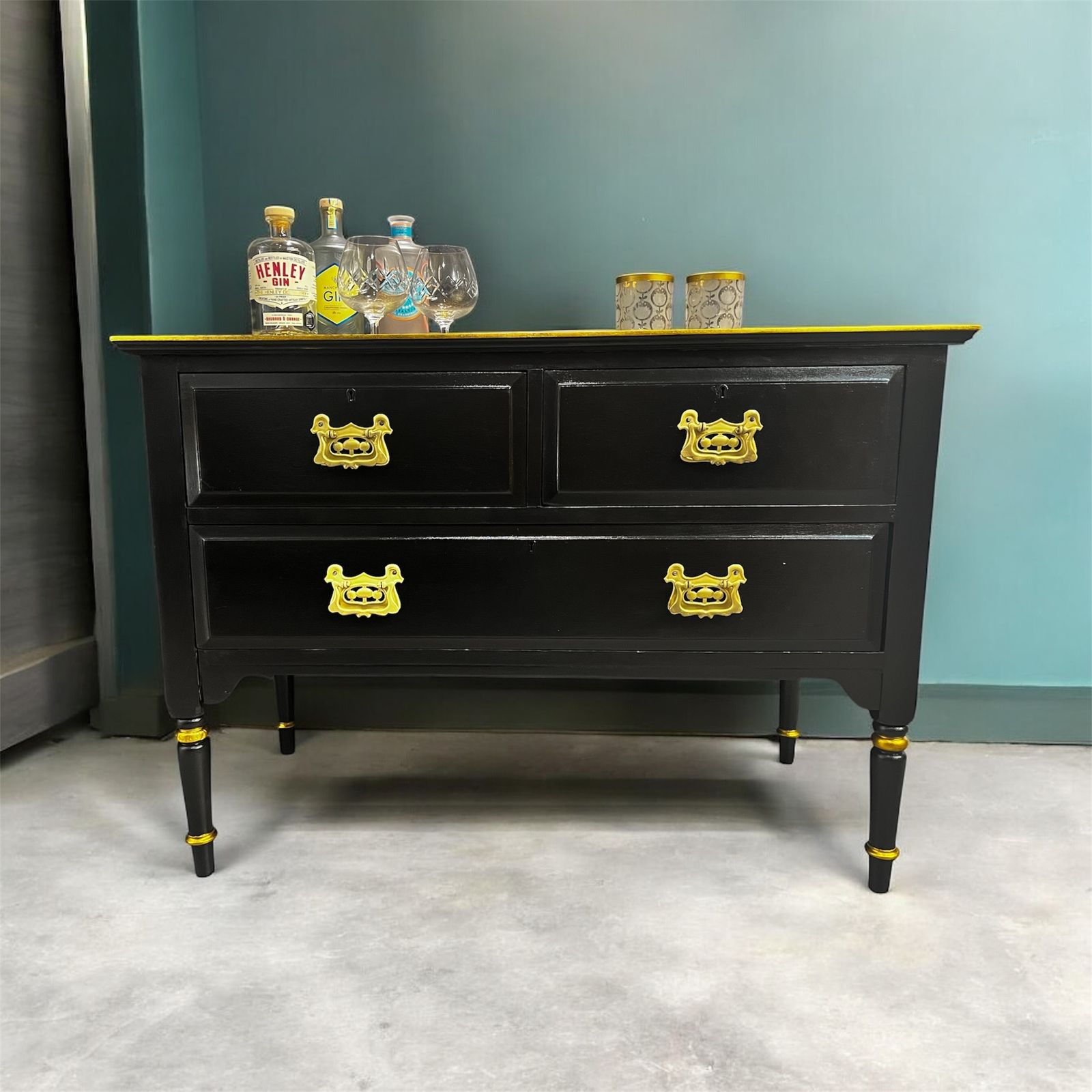Black & Gold, Geometric Stencilled Upcycled, Painted Dresser – Striking Modern Glamour With Hand Finished Detail photo furniture