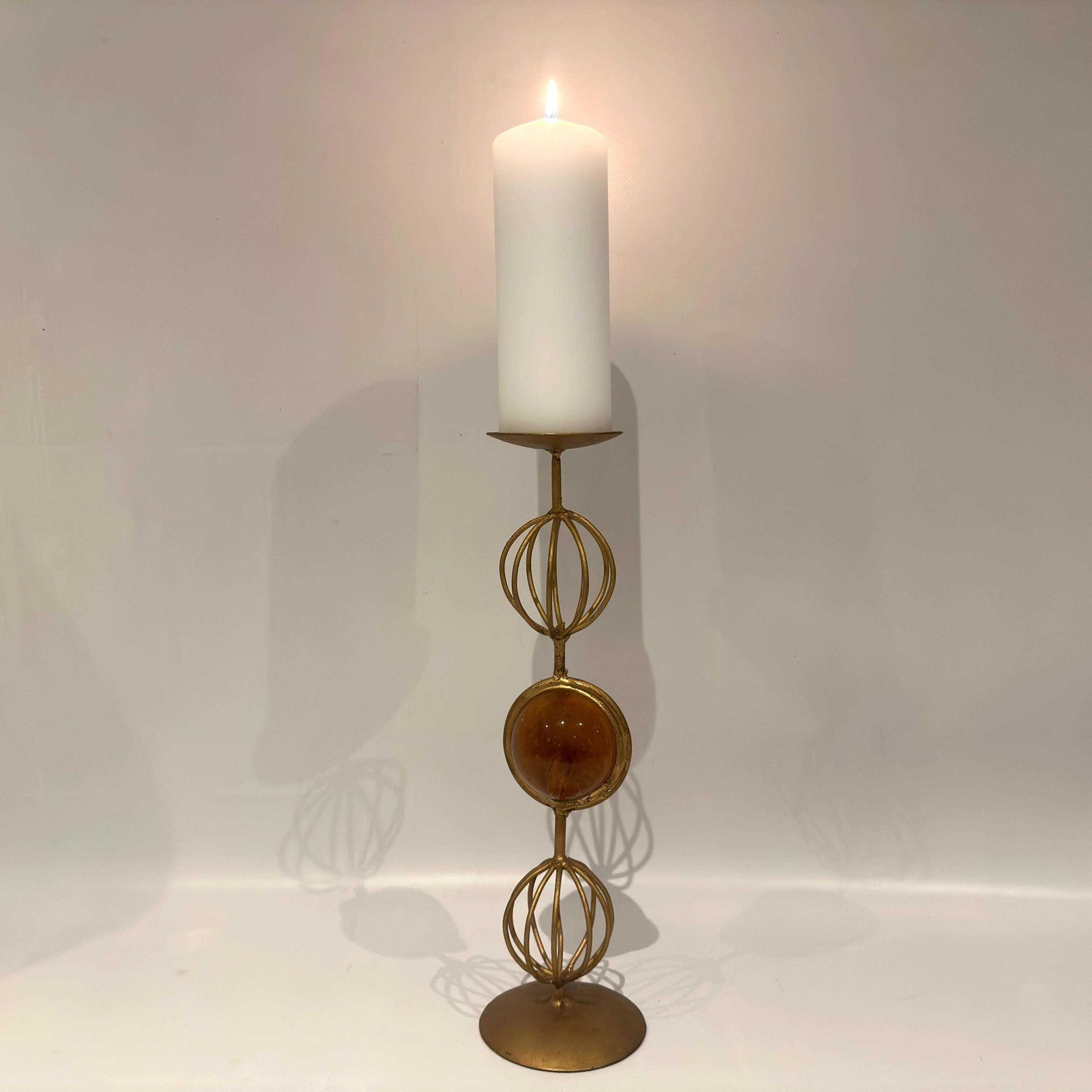Mid Century Scandinavian Sculptural Candleholder – Amber Glass & Gilded Metal, 37 Cm photo vintage
