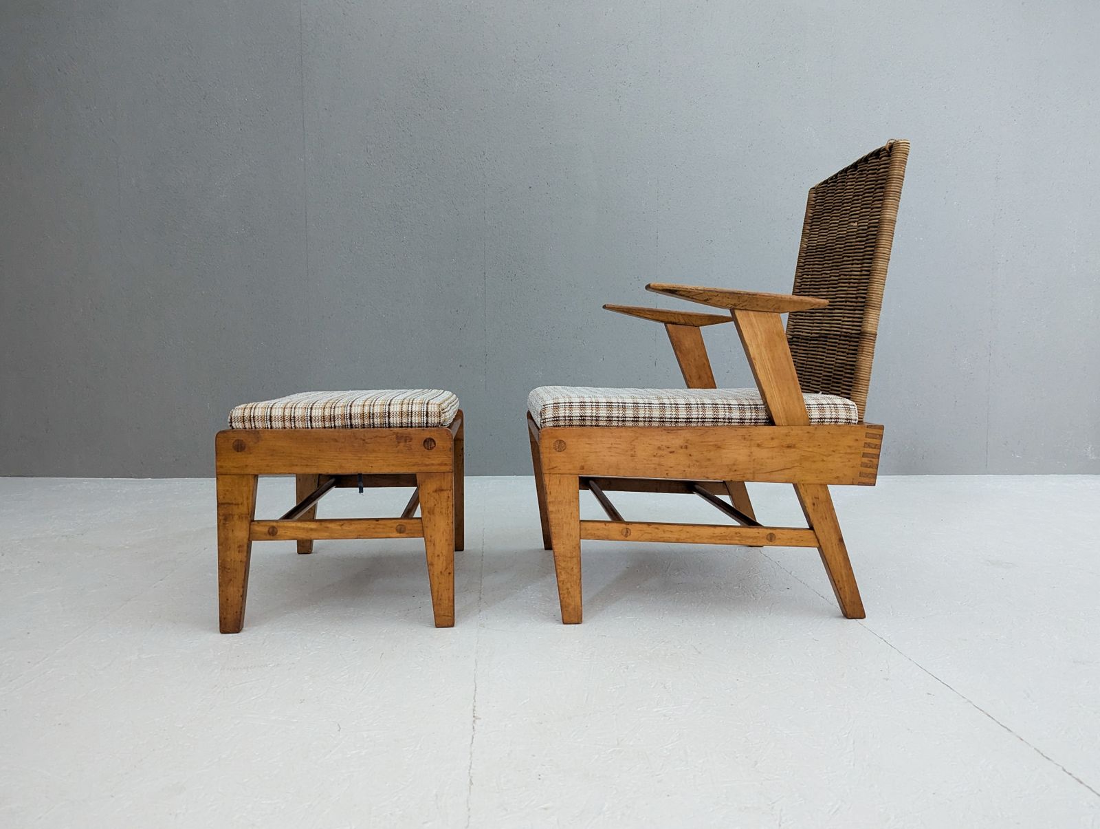 photo buy Sculptural Beech And Rattan Armchair With Footstool By úľuv, 1960s