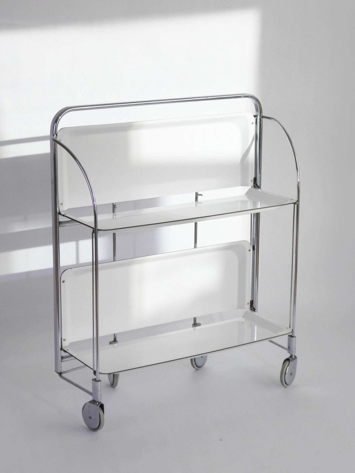 Mid Century White Foldable Bar Cart, 60’s Dinett Serving Trolley With Chrome Metal Design, Tea Cart photo Furniture
