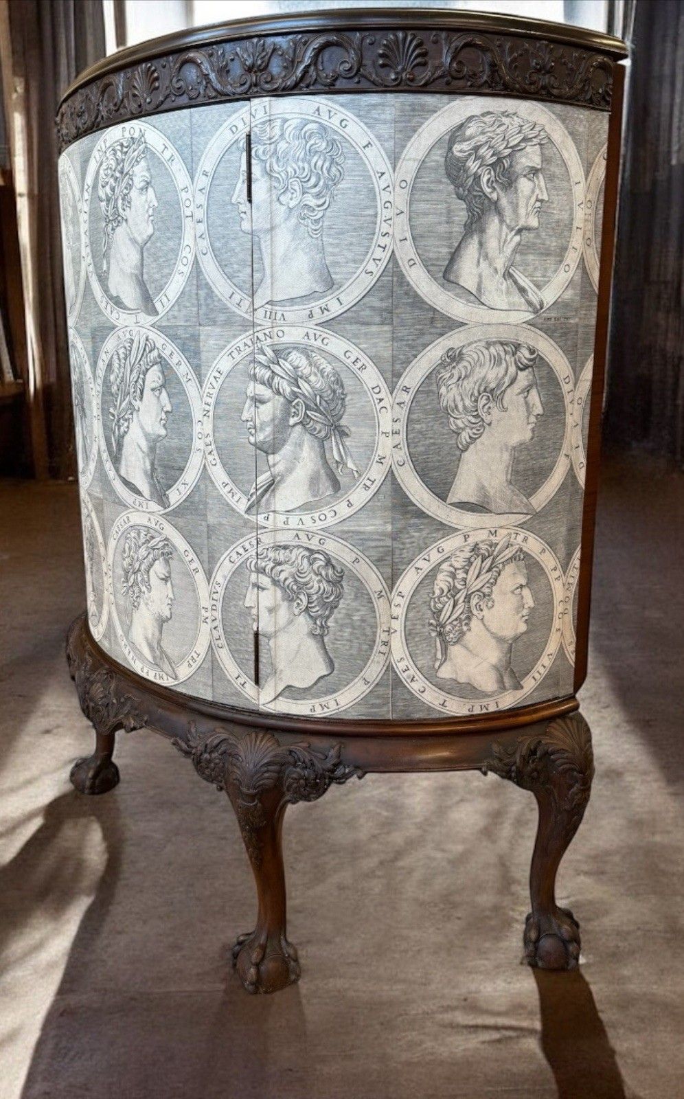 Demi Lune Cabinet Vintage Roman Heads 1800s Chippendale Style