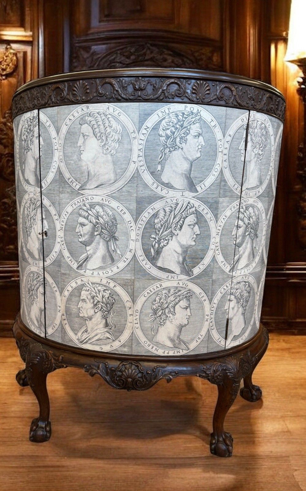 photo for sale Demi Lune Cabinet Vintage Roman Heads 1800s Chippendale Style