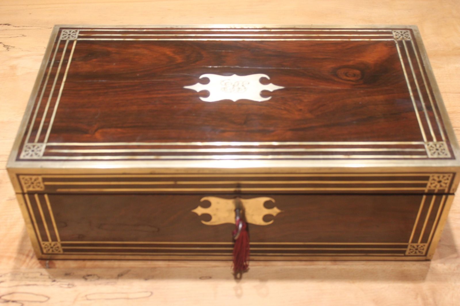 A Substantial And Impressive Late Georgian Rosewood And Brass Inlaid Writing Slope With Secret Drawers.