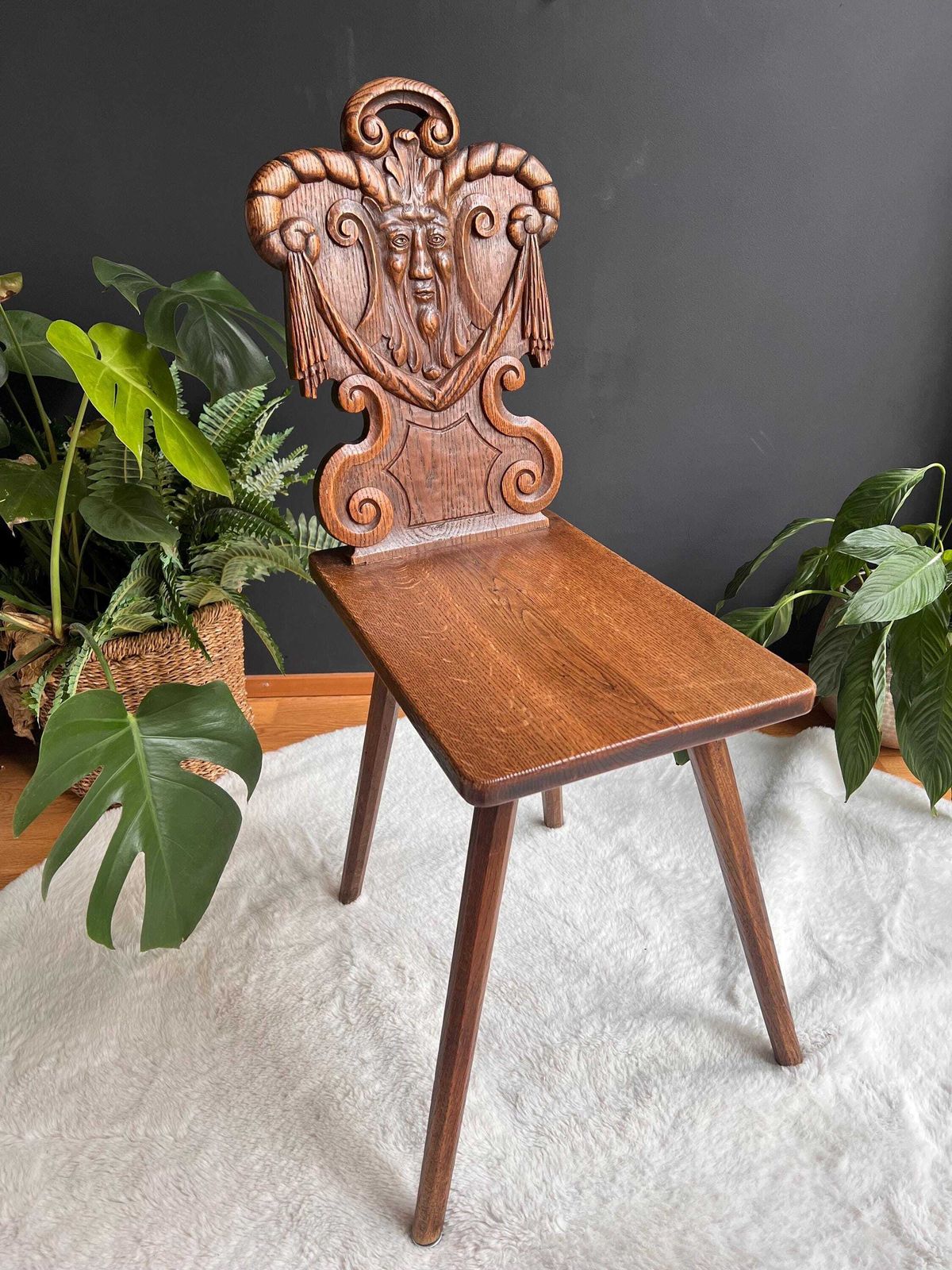 Antique Alpine Folk Art Chair With Whimsical Carving, Brutalist Escabelle Wooden Chair photo furniture