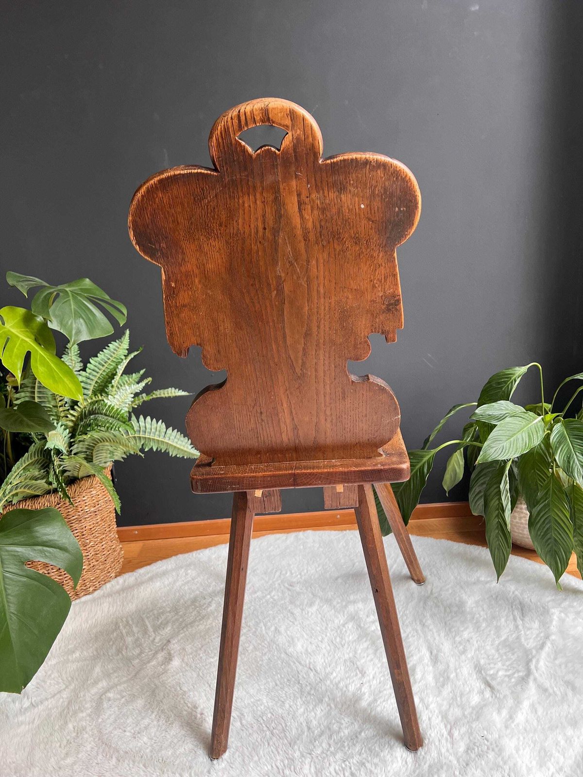 Antique Alpine Folk Art Chair With Whimsical Carving, Brutalist Escabelle Wooden Chair photo Furniture