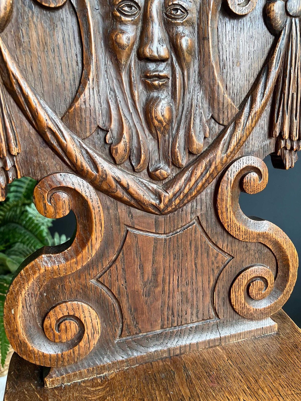 photo furniture Antique Alpine Folk Art Chair With Whimsical Carving, Brutalist Escabelle Wooden Chair