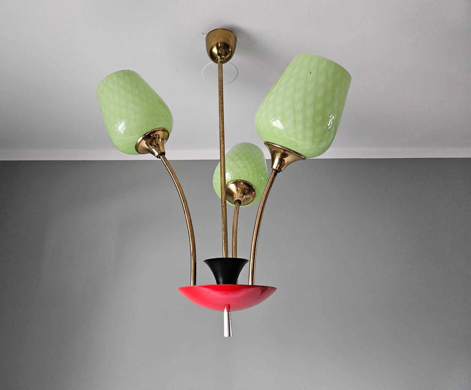 Mid Century Chandelier | Green Opaline Glass & Red Metal Pendant Light | 1960s European Design