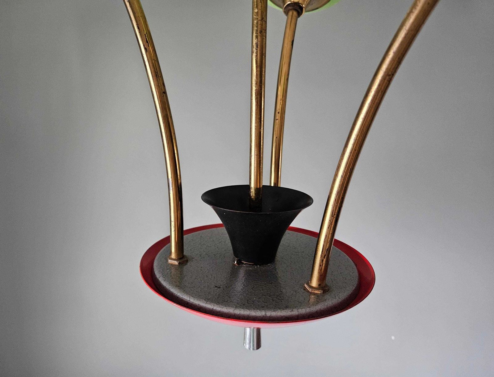 Mid Century Chandelier | Green Opaline Glass & Red Metal Pendant Light | 1960s European Design photo vintage