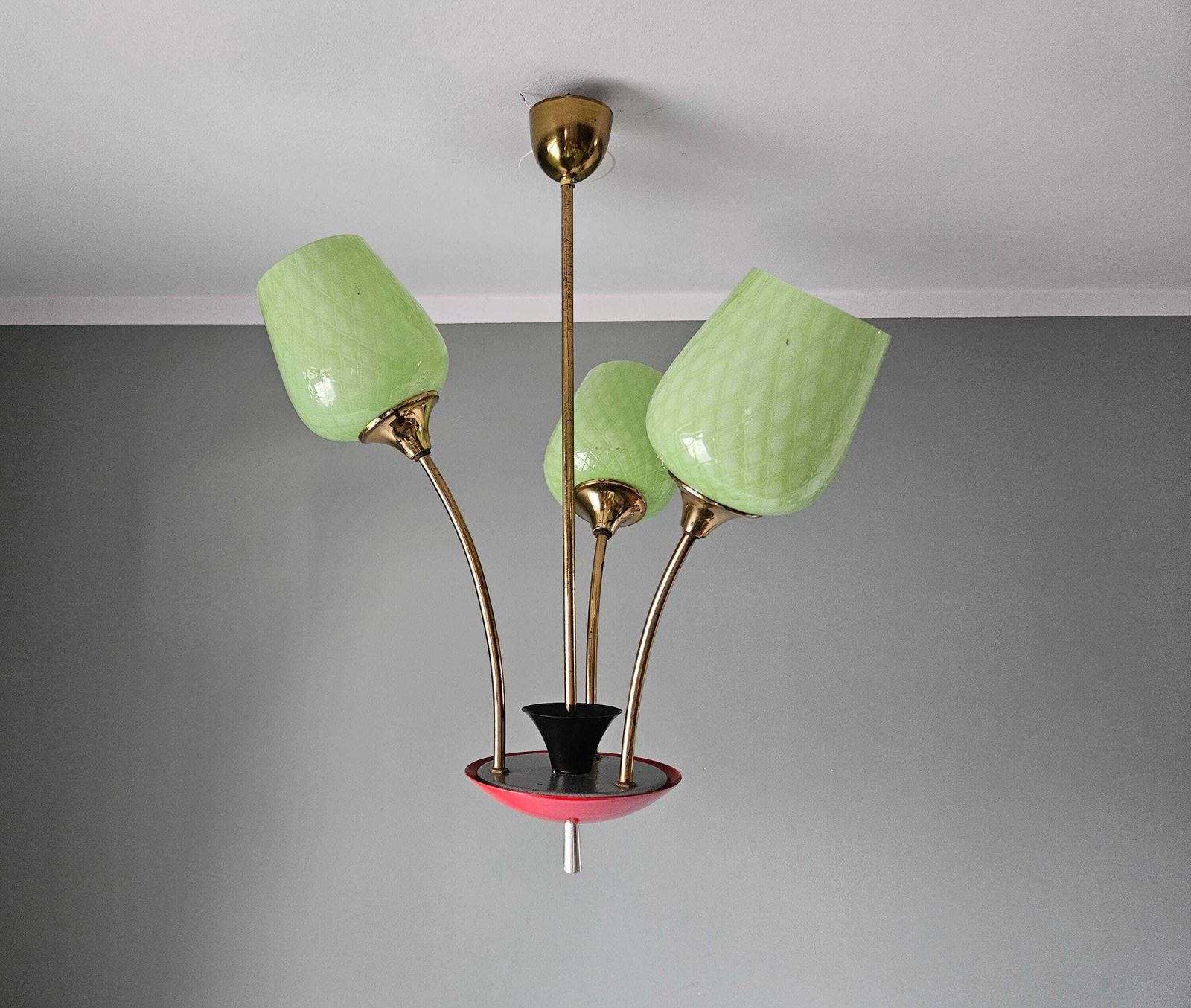 222.0 Mid Century Chandelier | Green Opaline Glass & Red Metal Pendant Light | 1960s European Design photo