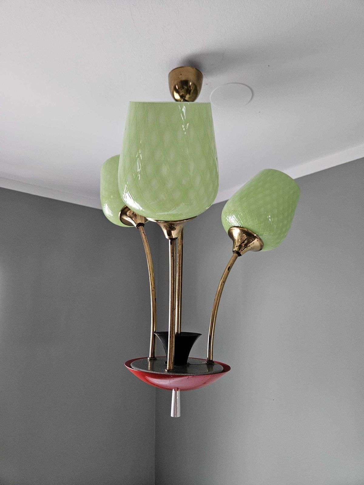photo vinterior Mid Century Chandelier | Green Opaline Glass & Red Metal Pendant Light | 1960s European Design