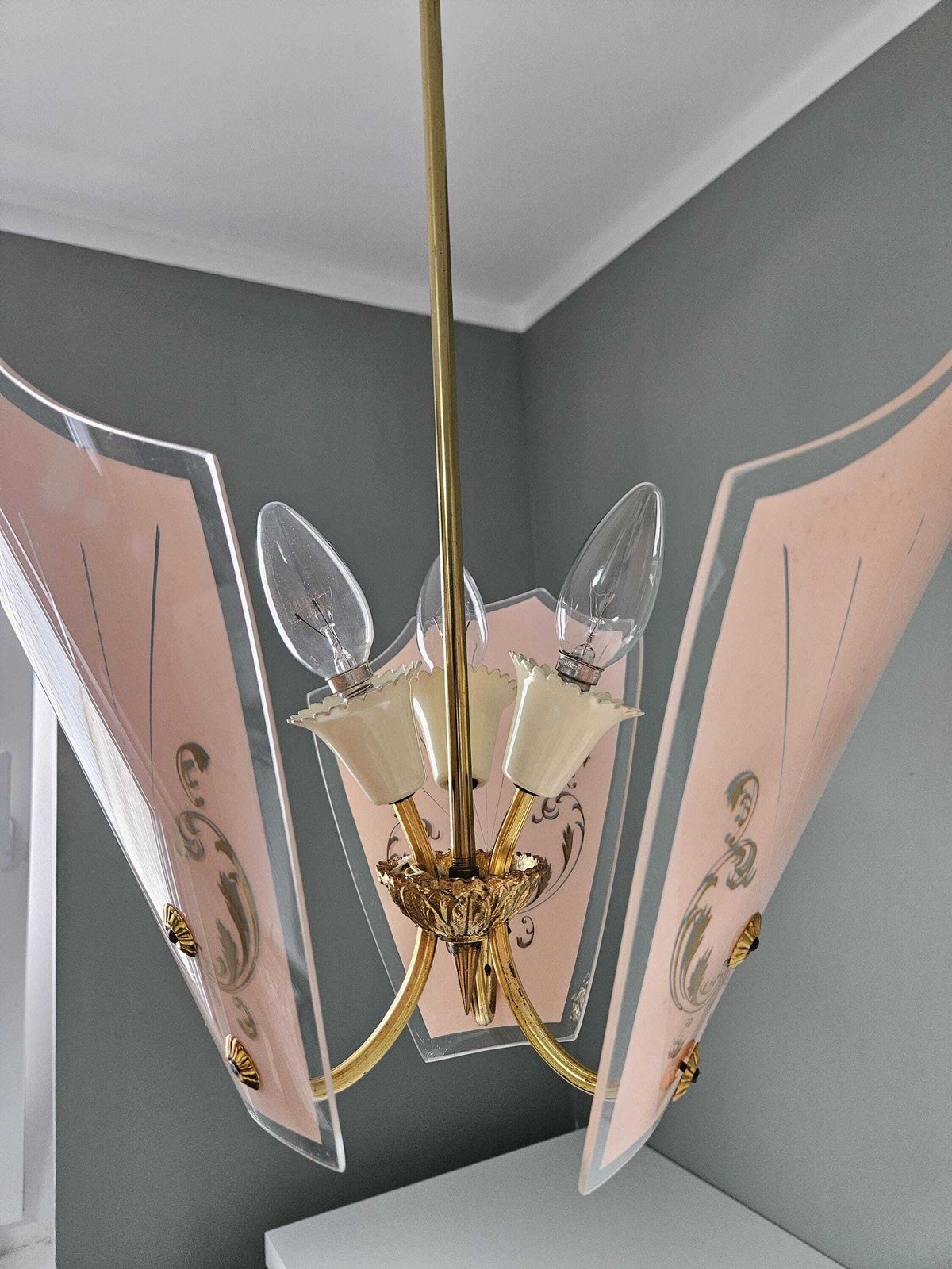 Vintage Pink & Gold Glass Chandelier | Mid Century Pendant Light | Hollywood Regency Style photo Lighting