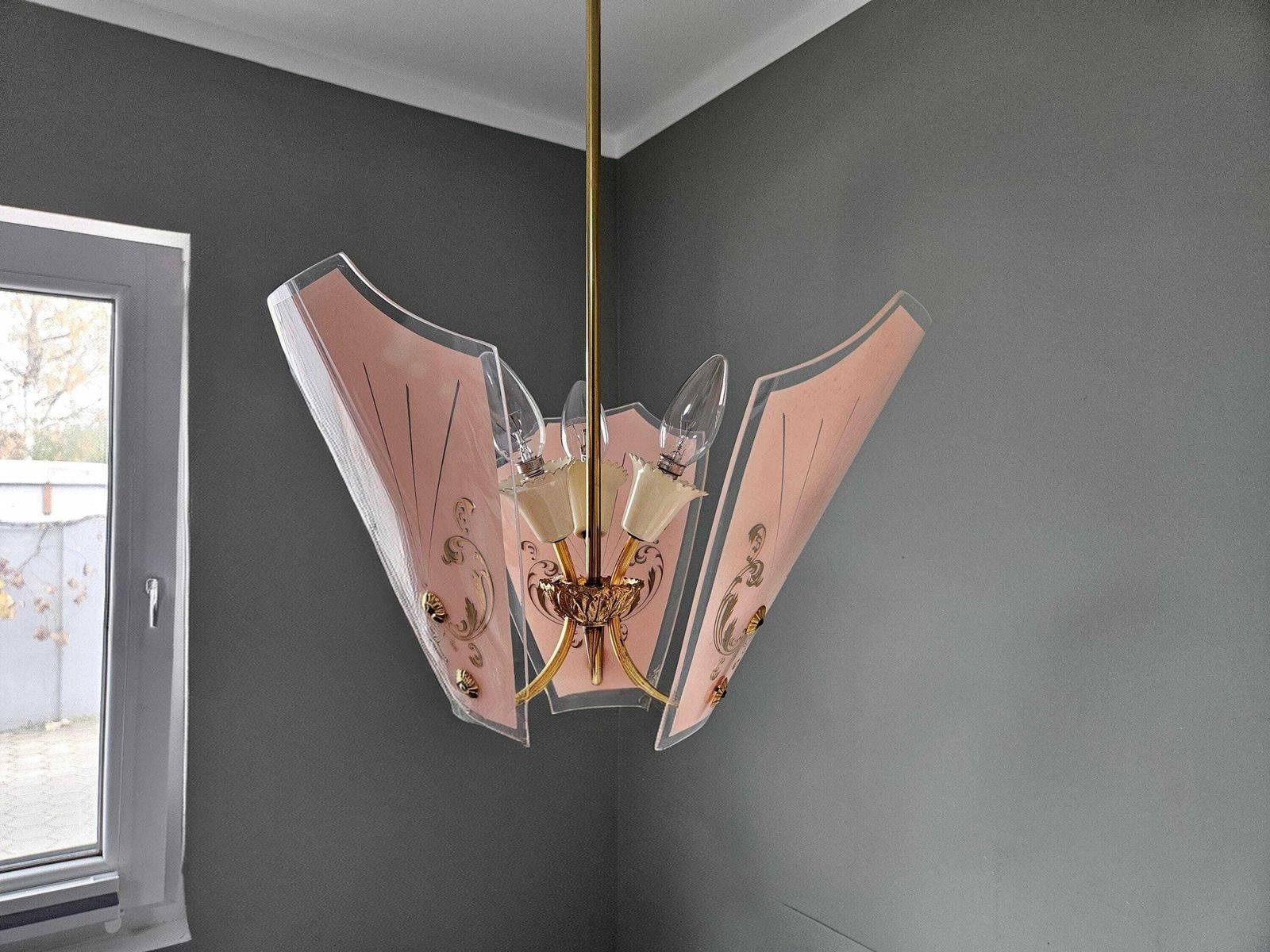 photo furniture Vintage Pink & Gold Glass Chandelier | Mid Century Pendant Light | Hollywood Regency Style