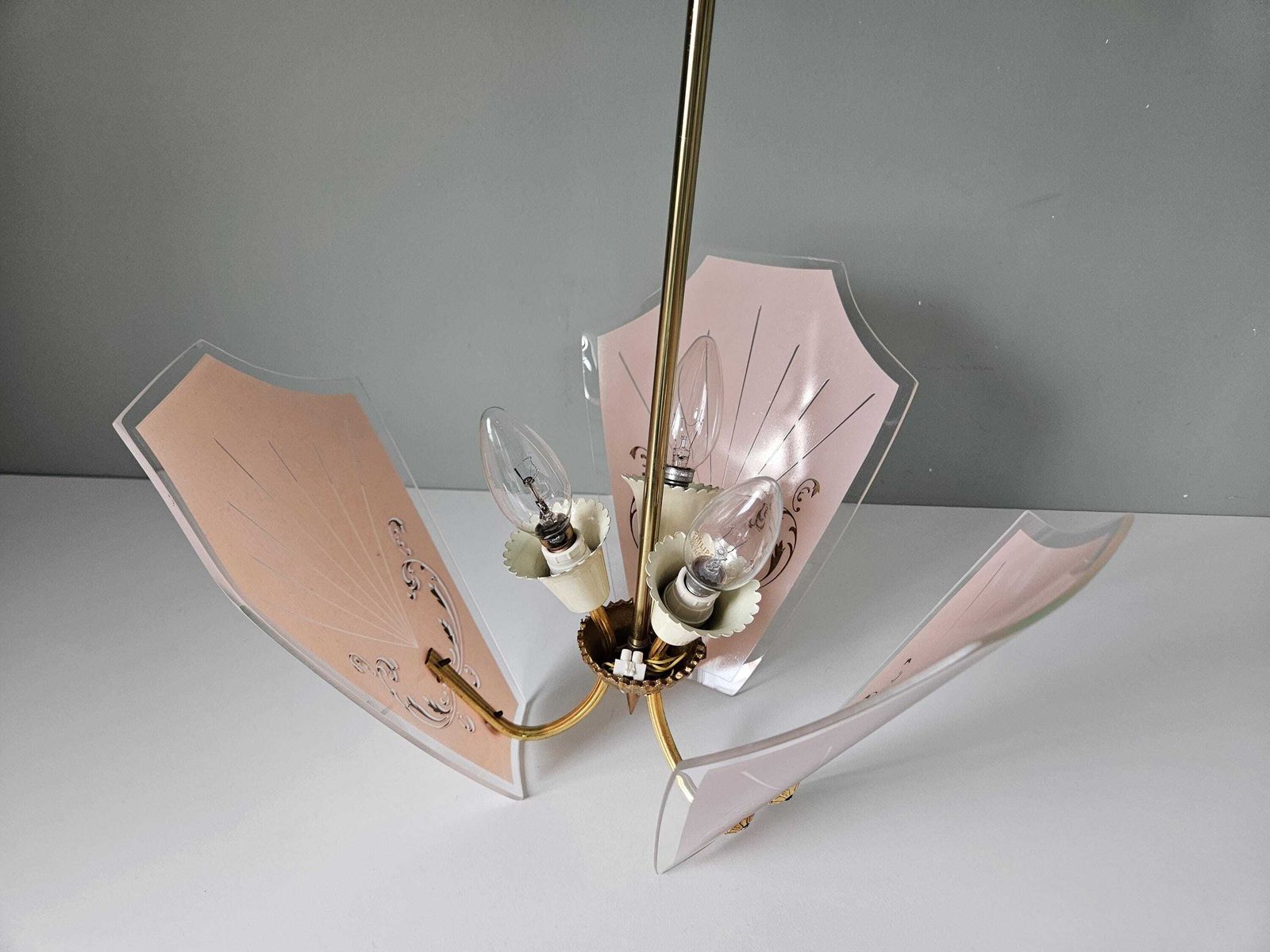 photo for sale Vintage Pink & Gold Glass Chandelier | Mid Century Pendant Light | Hollywood Regency Style