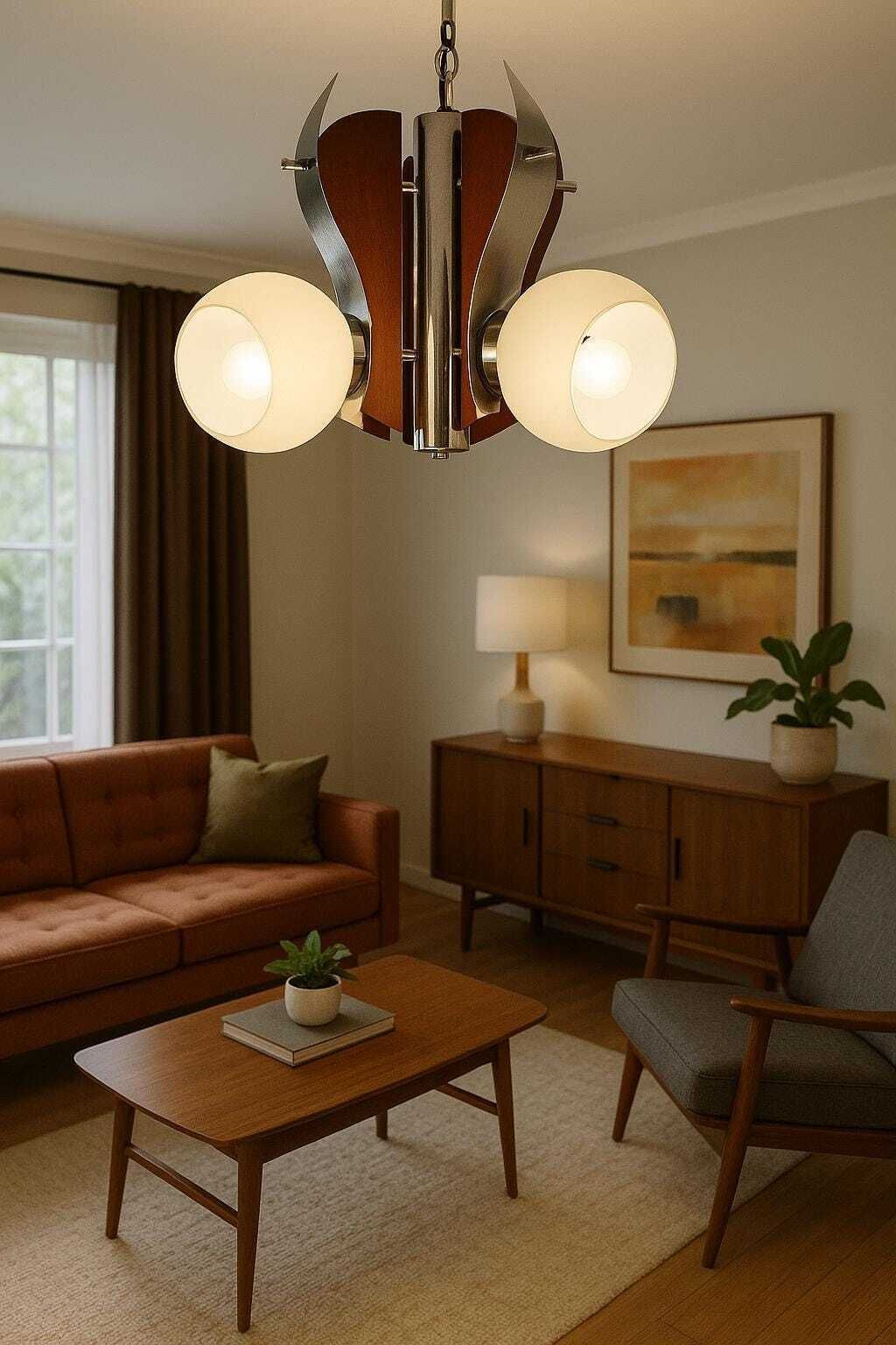Vintage Chandelier / Chrom Wood And Glass Light Fixture / Mid Century Modern Lighting photo furniture