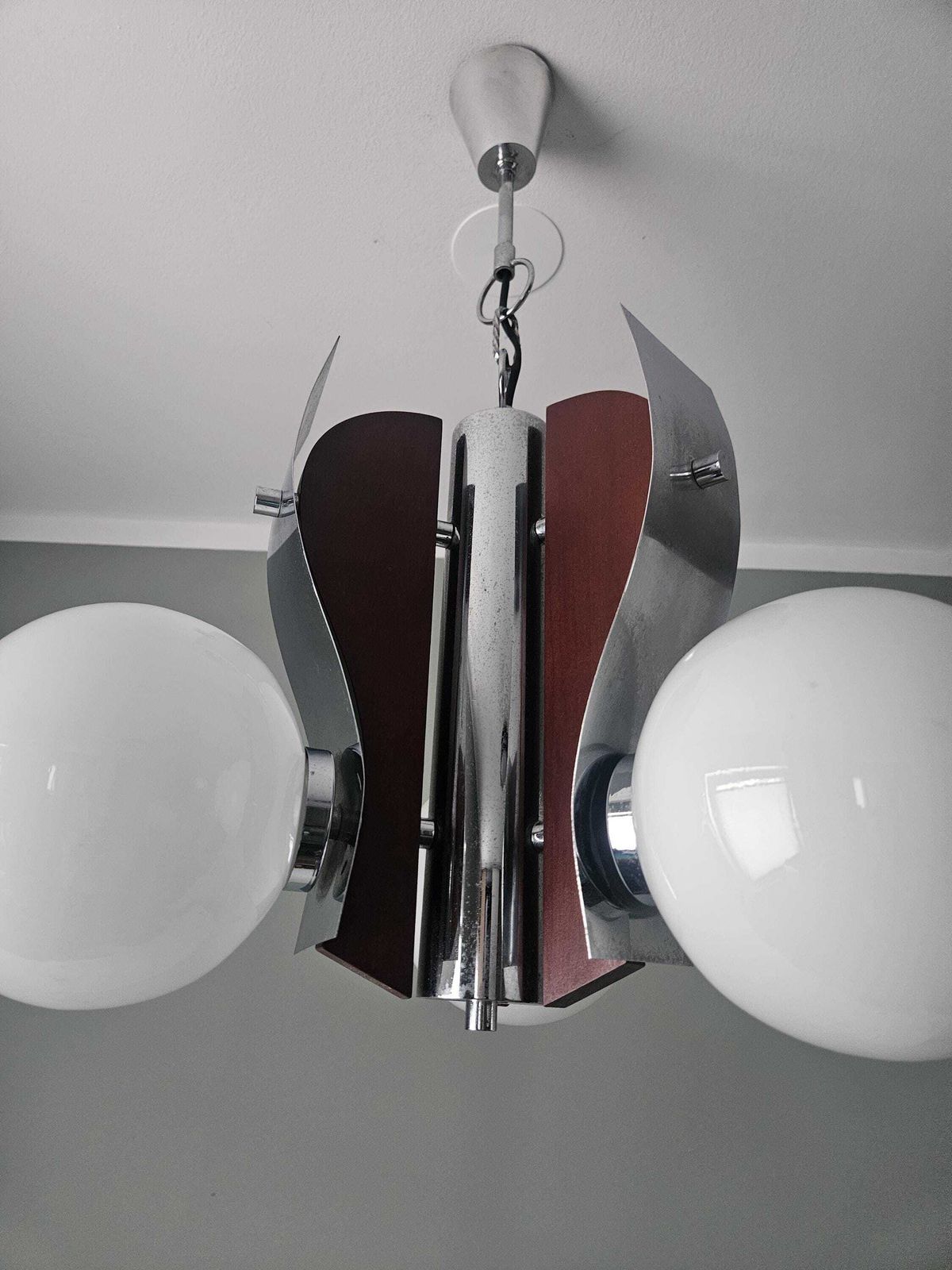 Vintage Chandelier / Chrom Wood And Glass Light Fixture / Mid Century Modern Lighting photo buy