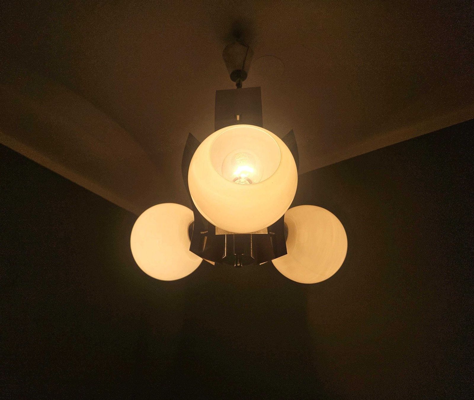 photo for sale Vintage Chandelier / Chrom Wood And Glass Light Fixture / Mid Century Modern Lighting