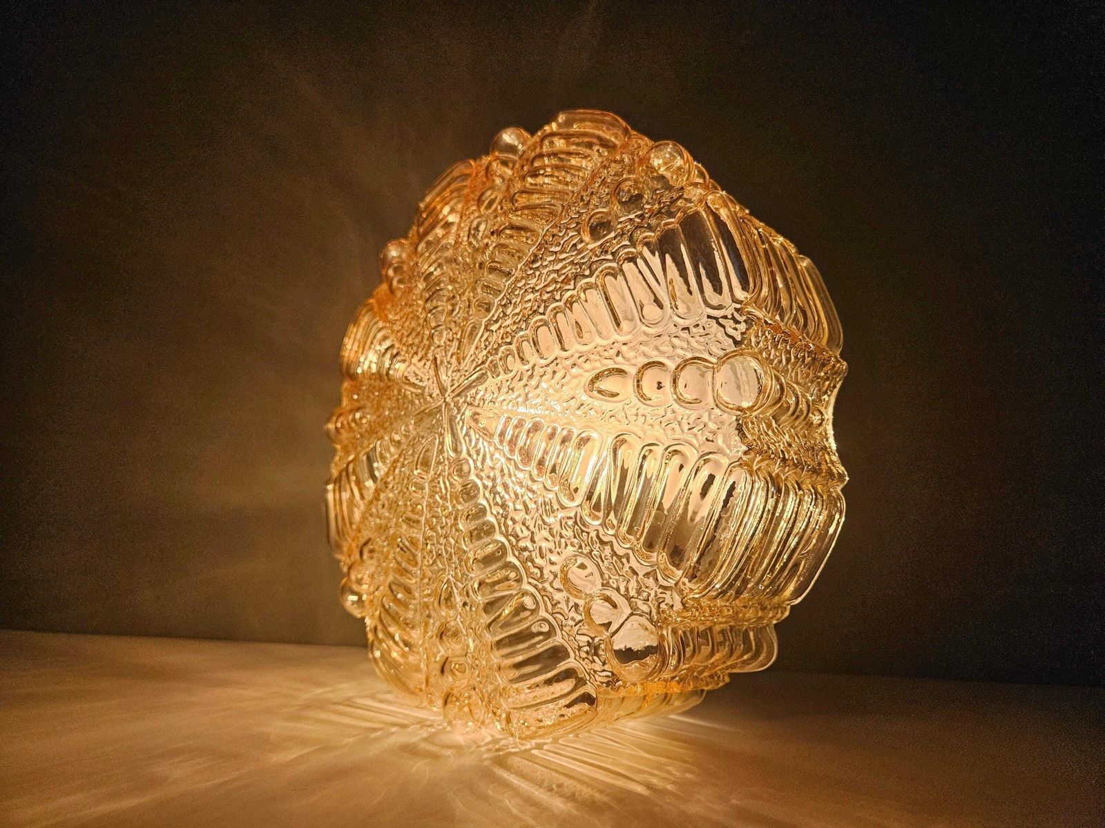 1 Of 2/ Vintage Textured Glass Flush Mount / Mid Century Amber Wall Or Ceiling Light / 1970s Retro Lamp