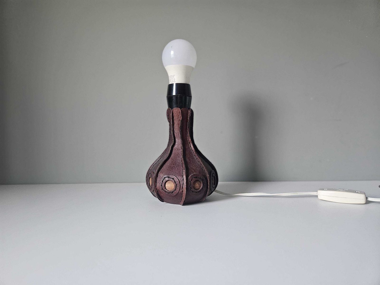 Hand Stitched Leather Table Lamp Base: Mid Century Modern Boho Decor photo Lighting