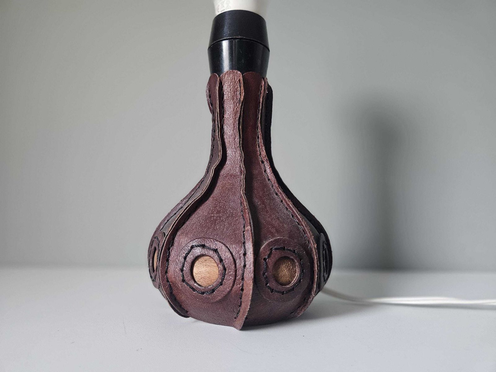 Hand Stitched Leather Table Lamp Base: Mid Century Modern Boho Decor photo 80.0
