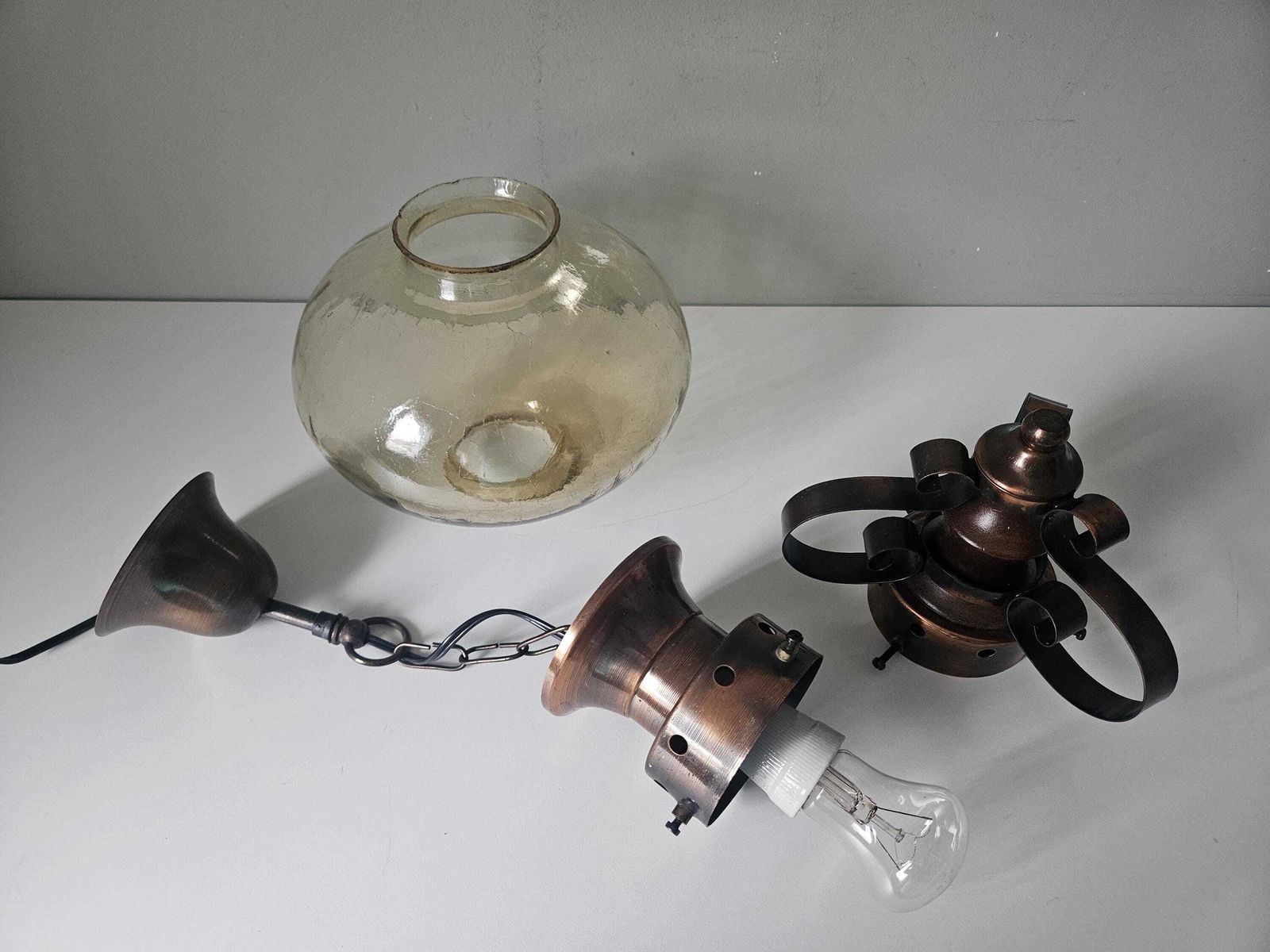 Vintage Copper Pendant Light: Amber Glass Globe, Wrought Iron Lantern photo Lighting