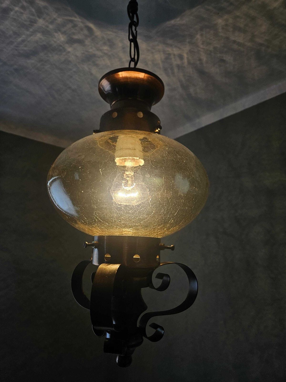 Vintage Copper Pendant Light: Amber Glass Globe, Wrought Iron Lantern photo 160.0