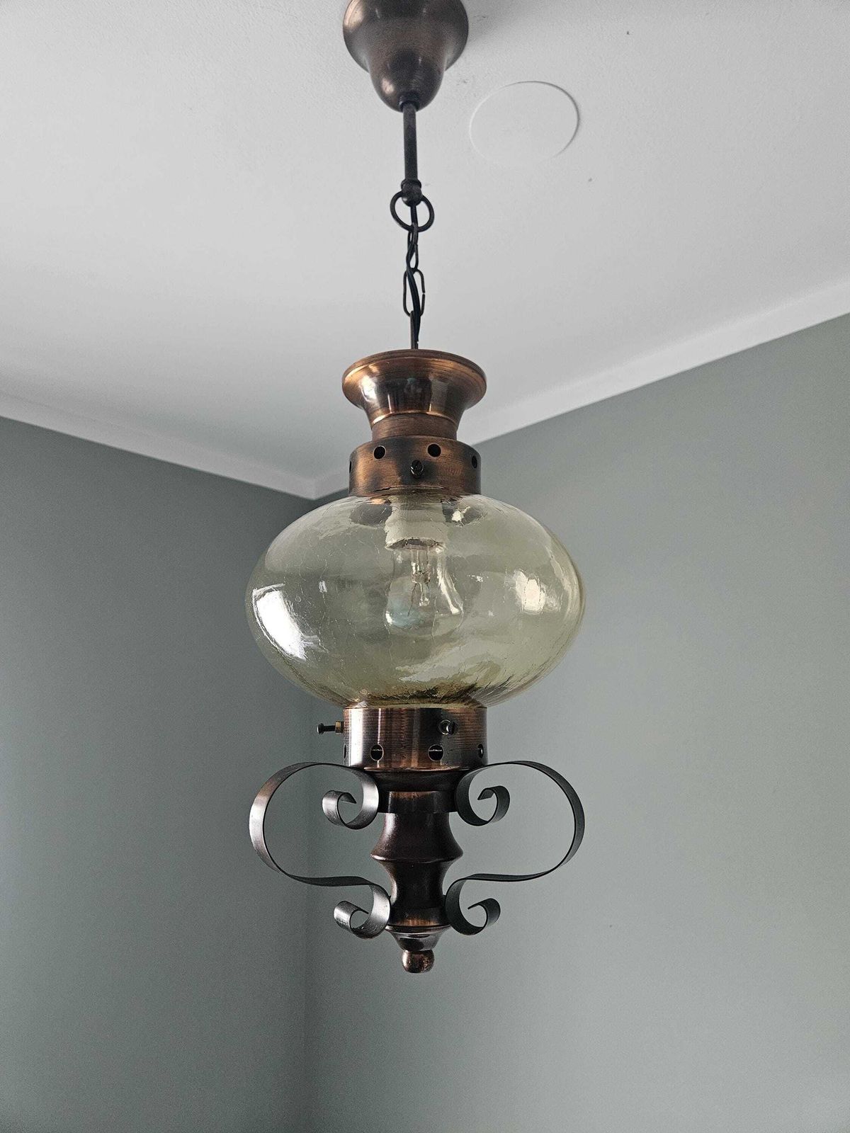 Vintage Copper Pendant Light: Amber Glass Globe, Wrought Iron Lantern photo buy